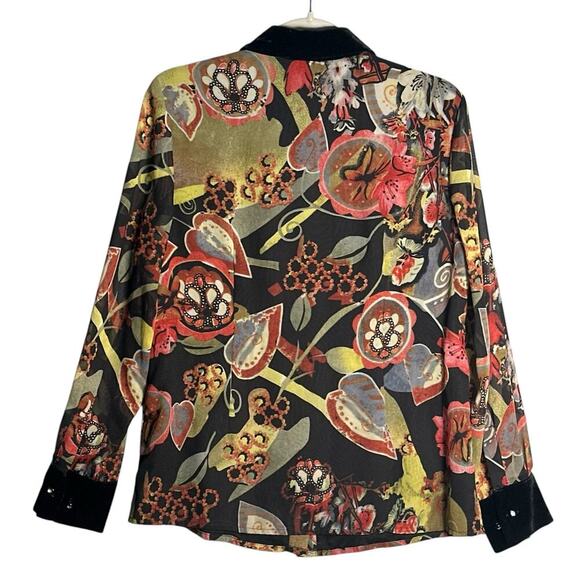 J Peterman Sz 8 Chiffon Abstract Print Button Up Blouse Rhinestones Velvet Trim - Picture 2 of 10